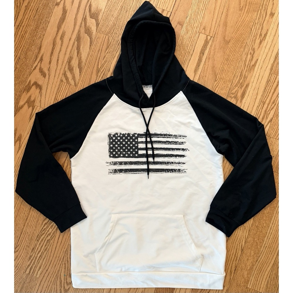 Black + White Raglan American Flag‎ Pullover Kangaroo Pocket Hoodie Mens Medium